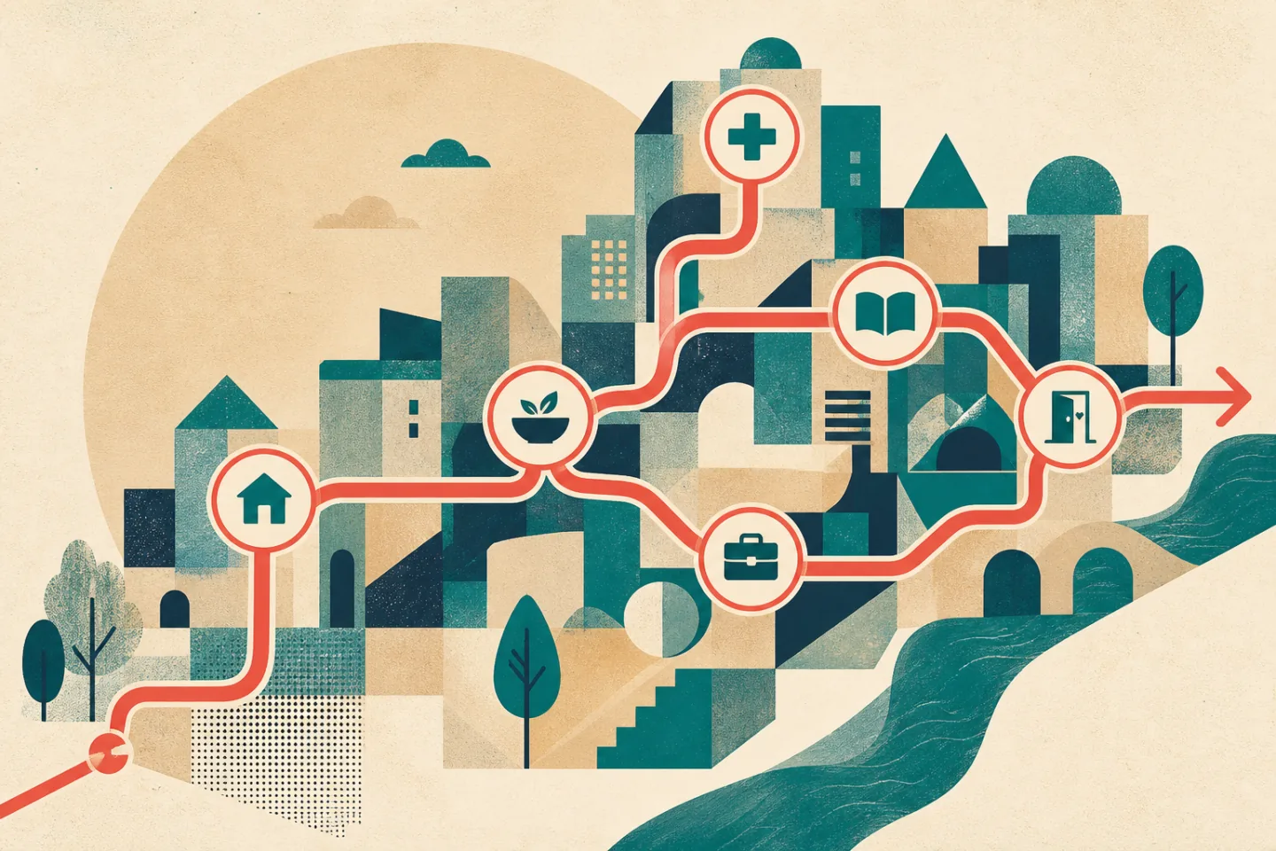 Abstract neighborhood atlas with a coral route connecting symbols for housing, food, health, education, employment, and welcoming support.