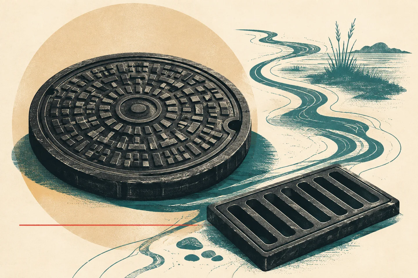 Textured illustration of an unbranded cast-iron manhole cover and drainage grate with teal river lines, a sand circle and a coral rule on warm paper.